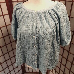 KAREN KANE seldom worn Short Sleeve Peasant Top - L- Blue Eyelet Good Condition